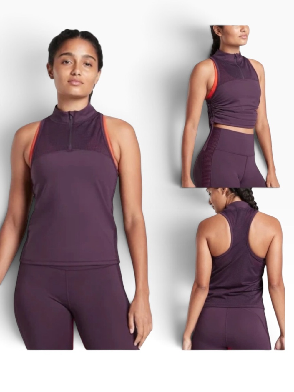 Athleta HIIT It Crop Tank Agate Purple Ruched Mock Neck Zip Workout Top Medium
